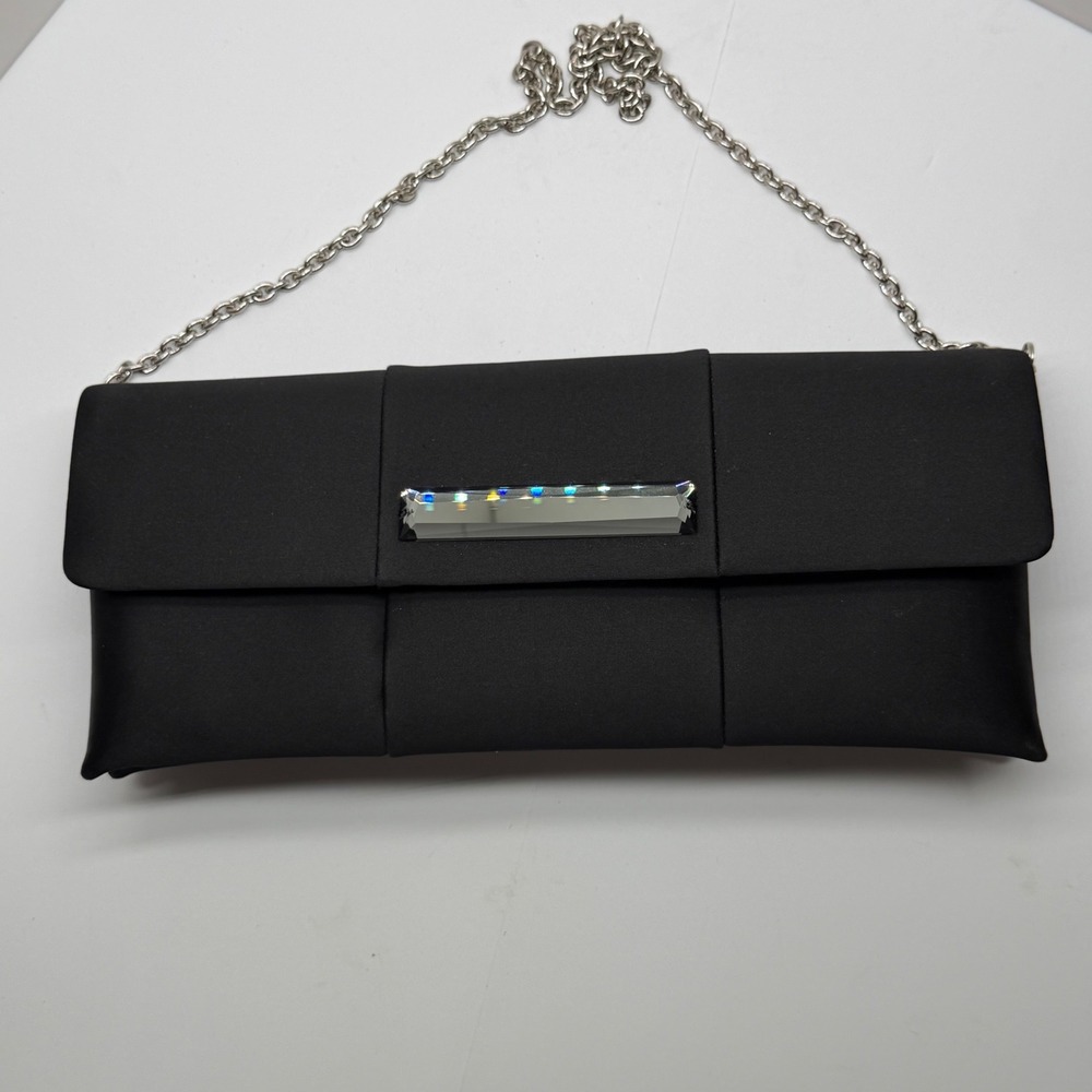 Franchi Black Satin Clutch Bag Crystal Accent Silver Chain Formal Wedding